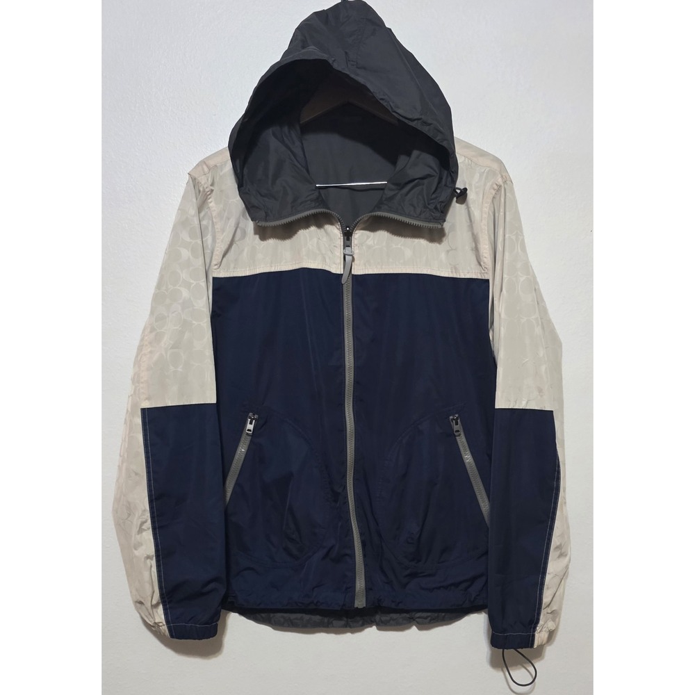 Coach Outlet Reversible Nylon Trainer Windbreaker Zip Navy Gray Logo Gorp Lg EUC